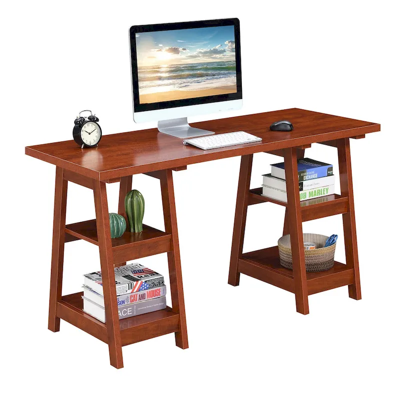 Convenience Concepts Designs2Go Double Trestle Desk with Shelves
