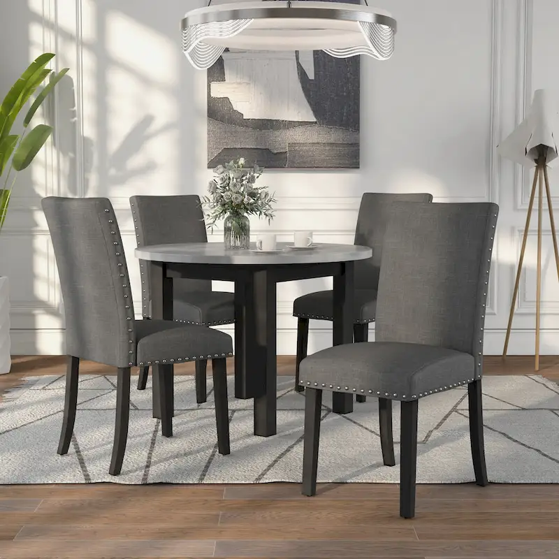Brushed Brown Grey Faux Marble Round Dining Table Set, Contemporary Style, Seats 4