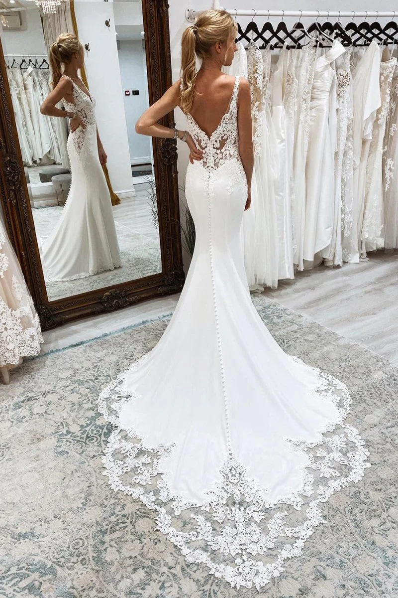 Mermaid White Deep V-Neck Long Wedding Dress with Lace Appliques