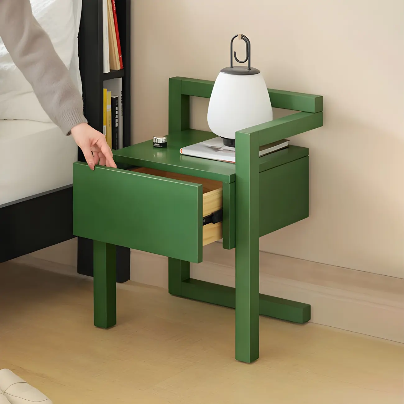Green Wooden 1 Drawer Narrow Bedroom Nightstand