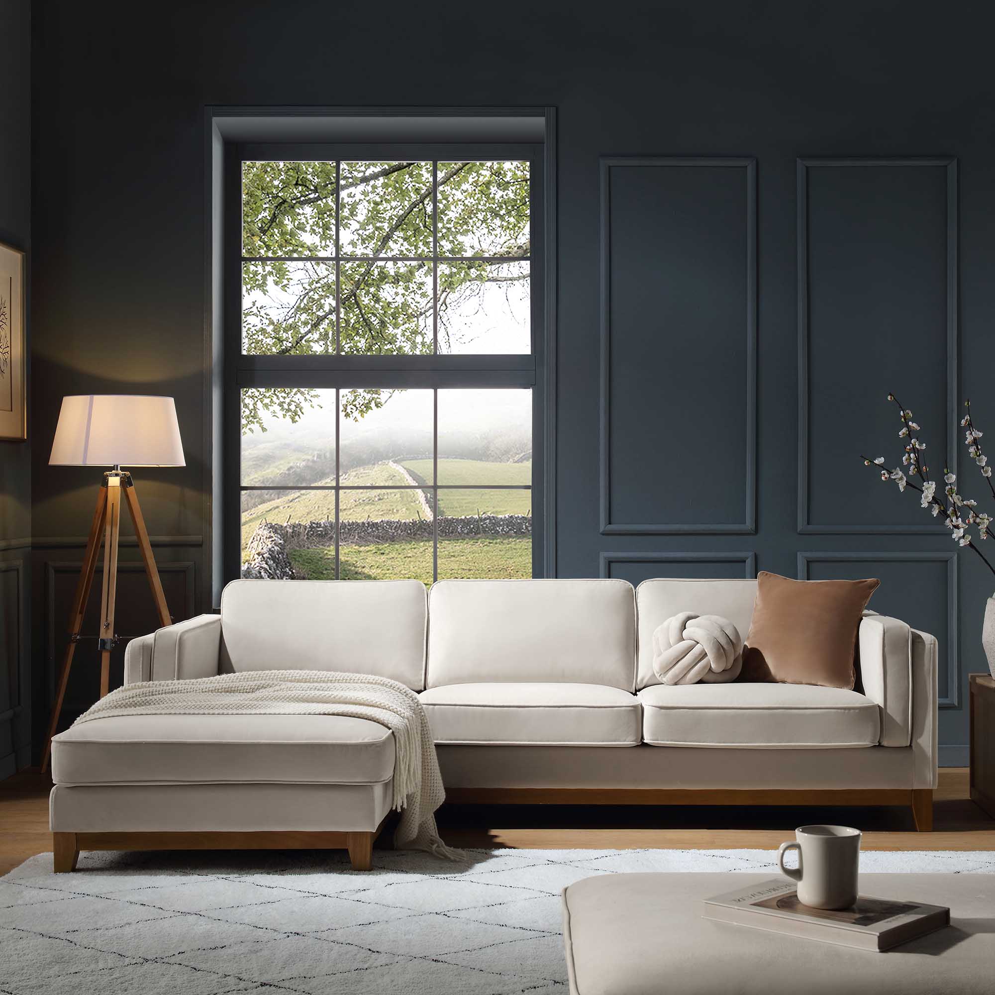 Champagne Velvet Sofa, Grande Chaise Sofa Left Hand Facing