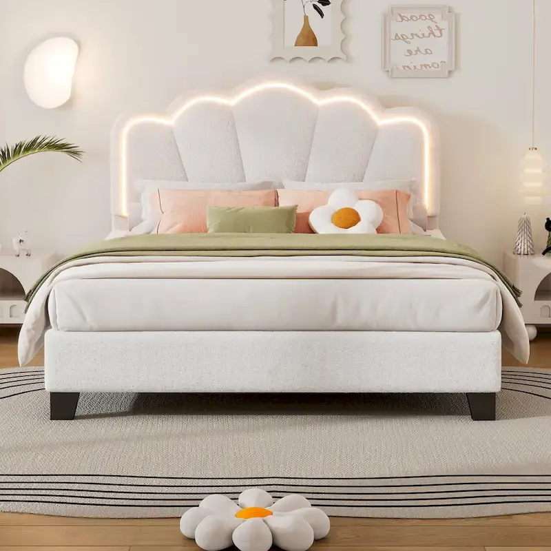 White Full Size Sherpa Flower Headboard Platform Bed with LED Lights & Adjustable Headboard