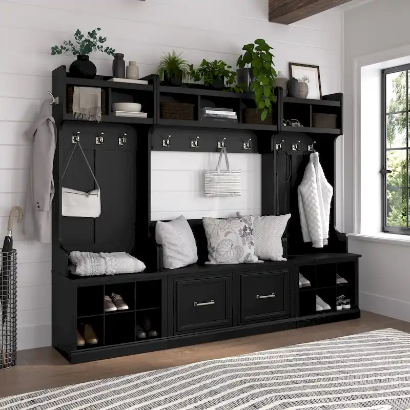Entryway Hall Tree & Shoe Bench Set, White Ash/Gray/Brown/Black, Single