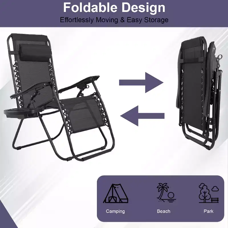 FDW Foldable Zero Gravity Chair Lounge Patio Chaise with Cup Holder Tray