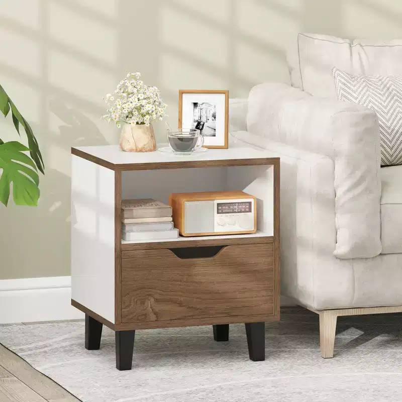 Costway Nightstand Mid Century Modern Bedside Table w/ Drawer Open storage Shelf