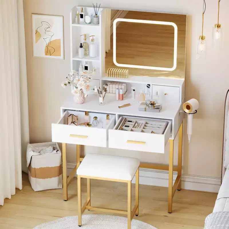 Makeup Vanity Set with LED Mirror & 3 Lighting Modes, Dressing Table with Chair, 4 Drawers, Power Outlet, and Storage Shelves for Bedroom