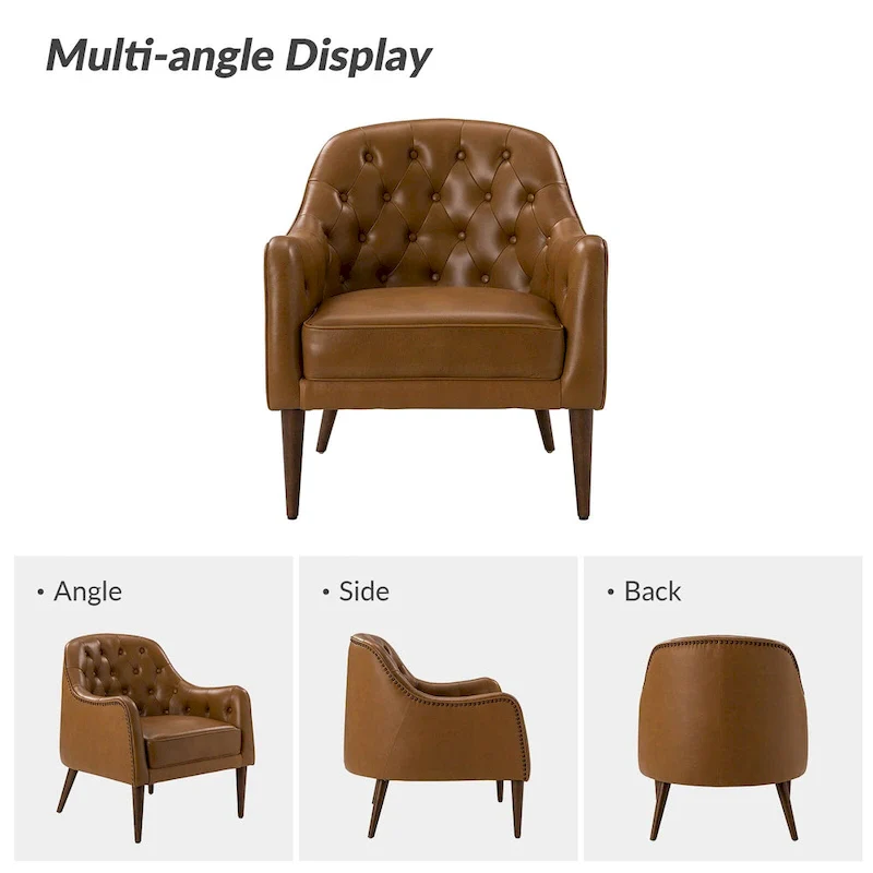 Melisa Classic Genuine Leather Wood Legs Barrel Chair With Tufted Back By HULALA HOME