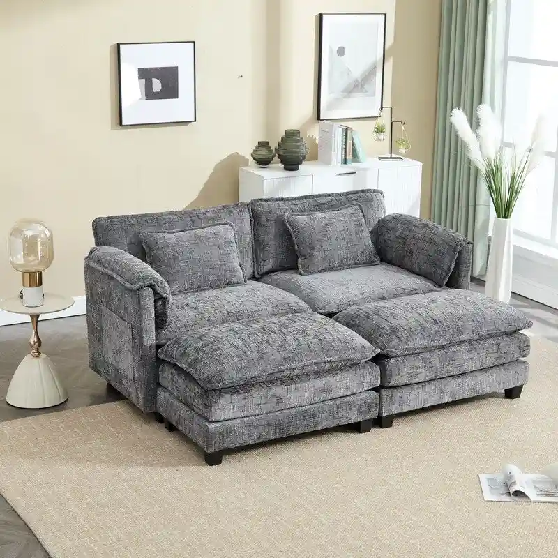 76.77 Chenille Upholstered Sofa with 2 Ottomans