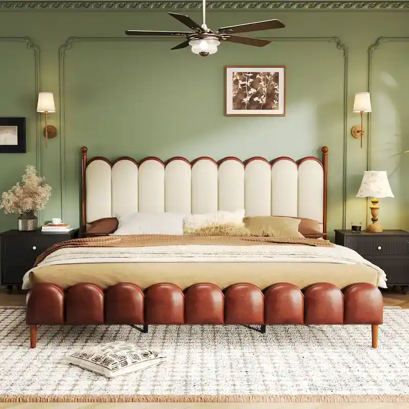 Christopher Knight Home - Leather Upholstered Bed with Headboard & Footboard, Solid Wood Slats & Legs, No Box Spring Needed