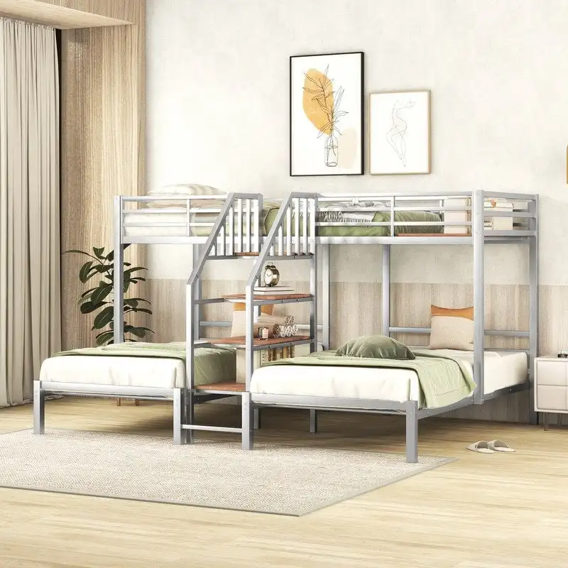 Silver / Black Metal Triple Bunk Bed with Staircase & Storage, Sleeps 3, Twin