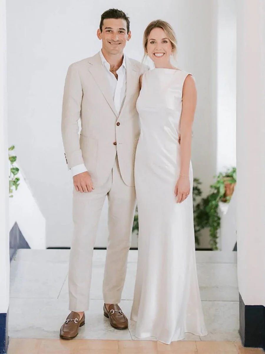 Sheath High Bateau Neck Backless Silk Satin Wedding Dress