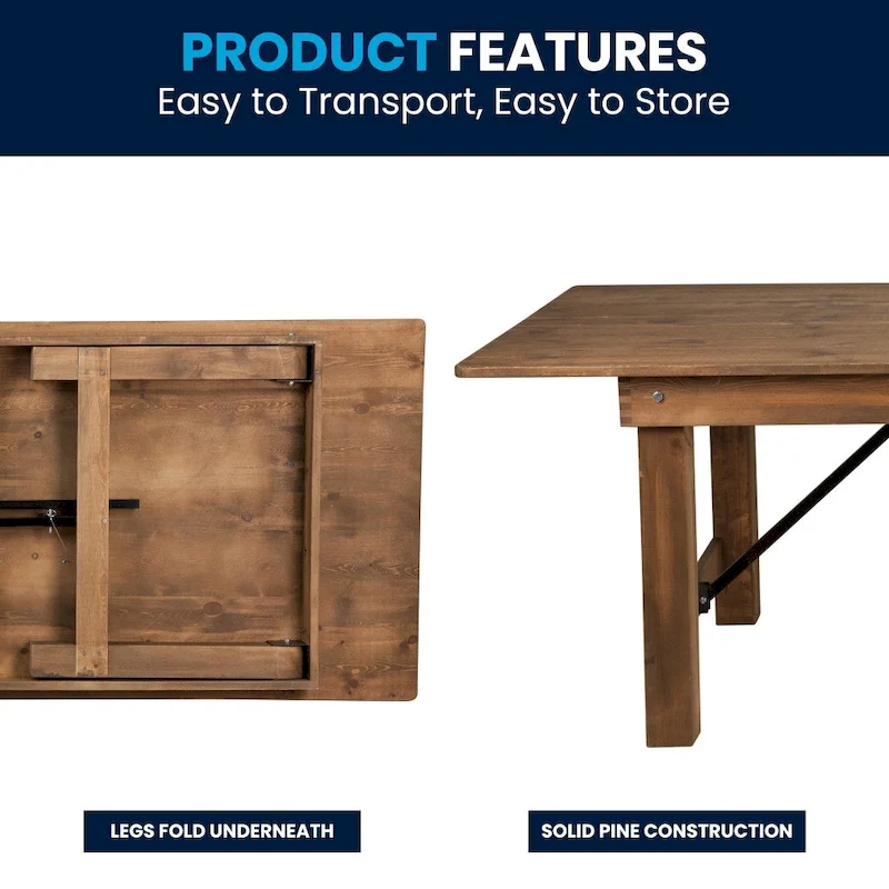 8' x 40 Rectangular Antique Rustic Solid Pine Folding Farm Table - 96D x 40W x 30H