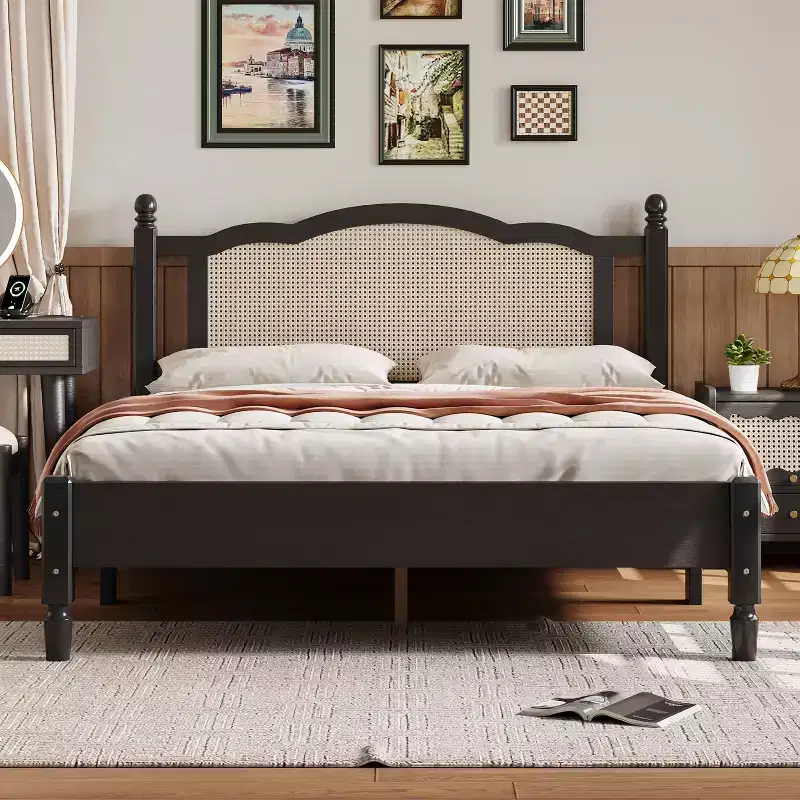 MAYEERTY Queen Size Wooden Platform Bed with Natural Rattan Headboard Vintage Bed Frame with Wooden Slat Black