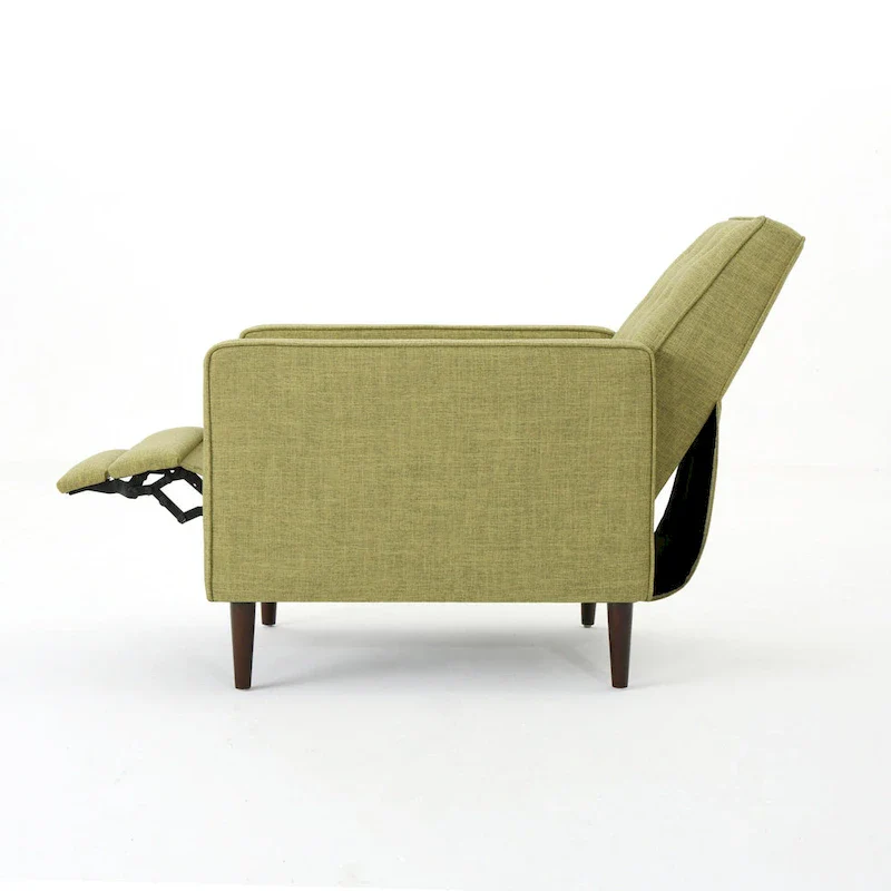 Green Fabric Mid-Century Upholstered Push Back Recliner with Footrest, Button-tufted Backrest, Beech Wood Legs