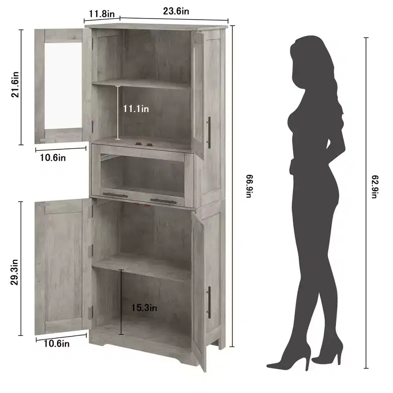 67'' Tall Bathroom Storage Cabinet, Modern Pantry Cabinet with Double Door, Shelves Adjustable Freestanding Cupboard with Drawer for Bathroom Kitchen