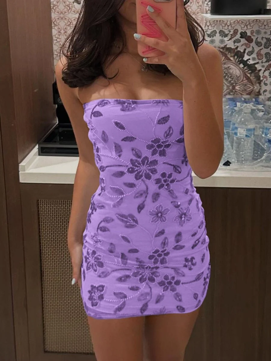 Lavender - Strapless Bodycon Beaded Floral Short Homecoming Dress
