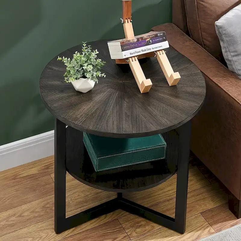 Black / Brown / Beige Round End Table with 2-Tier Storage Shelf – Single