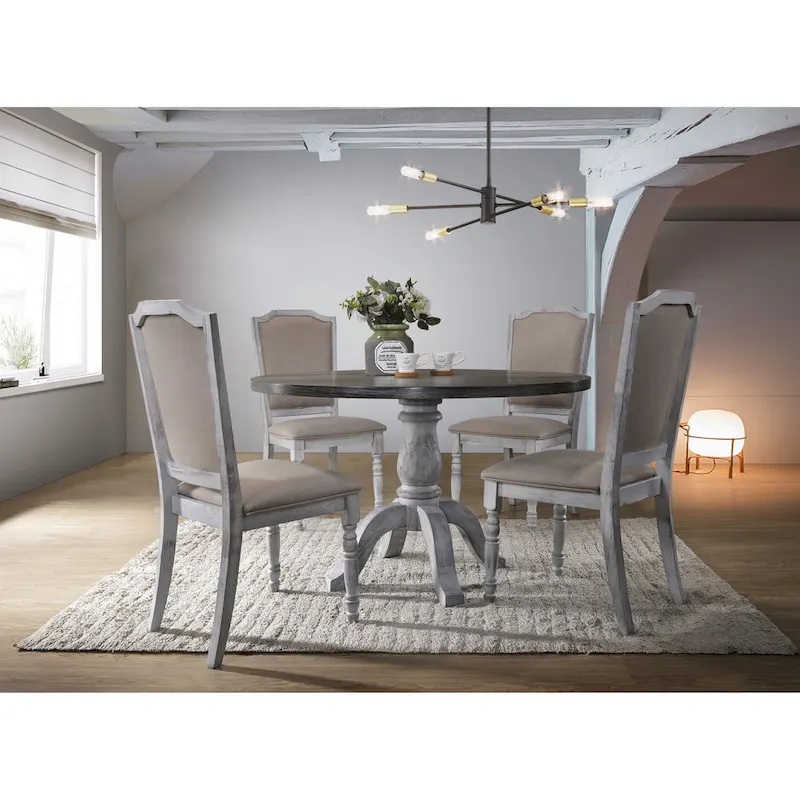 Vintage Style 5-Piece Weathered Finish Dining Set with Round Pedestal Table and 4 Upholstered Dining Chairs