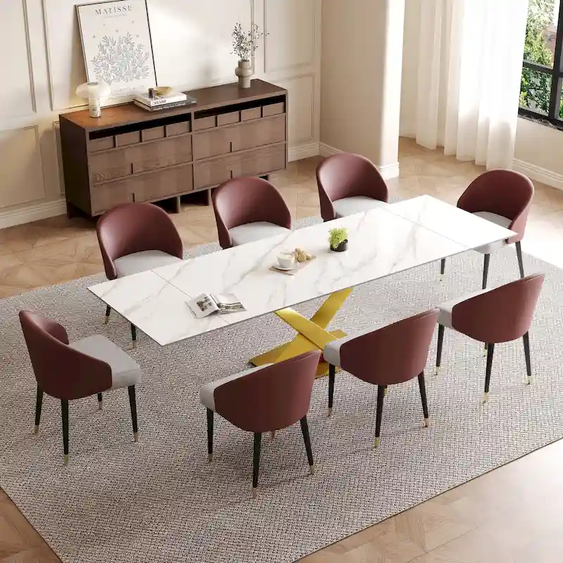 9 - Piece 94.48  Rectangular Extendable Sintered Stone Dining Table with 8 Faux leather Chairs Dining Set