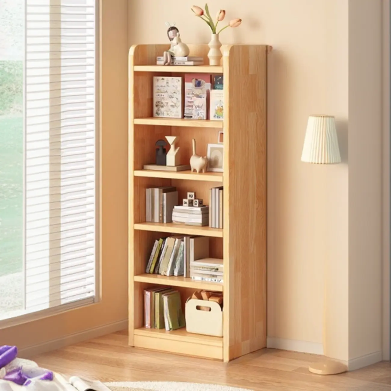 Narrow Vertical Modern Wooden Bookcase in Natural Finish