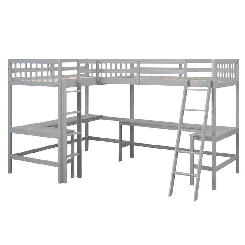 Twin Size Wood L-Shaped Loft Bed with Ladder and 2 Built-in Desks