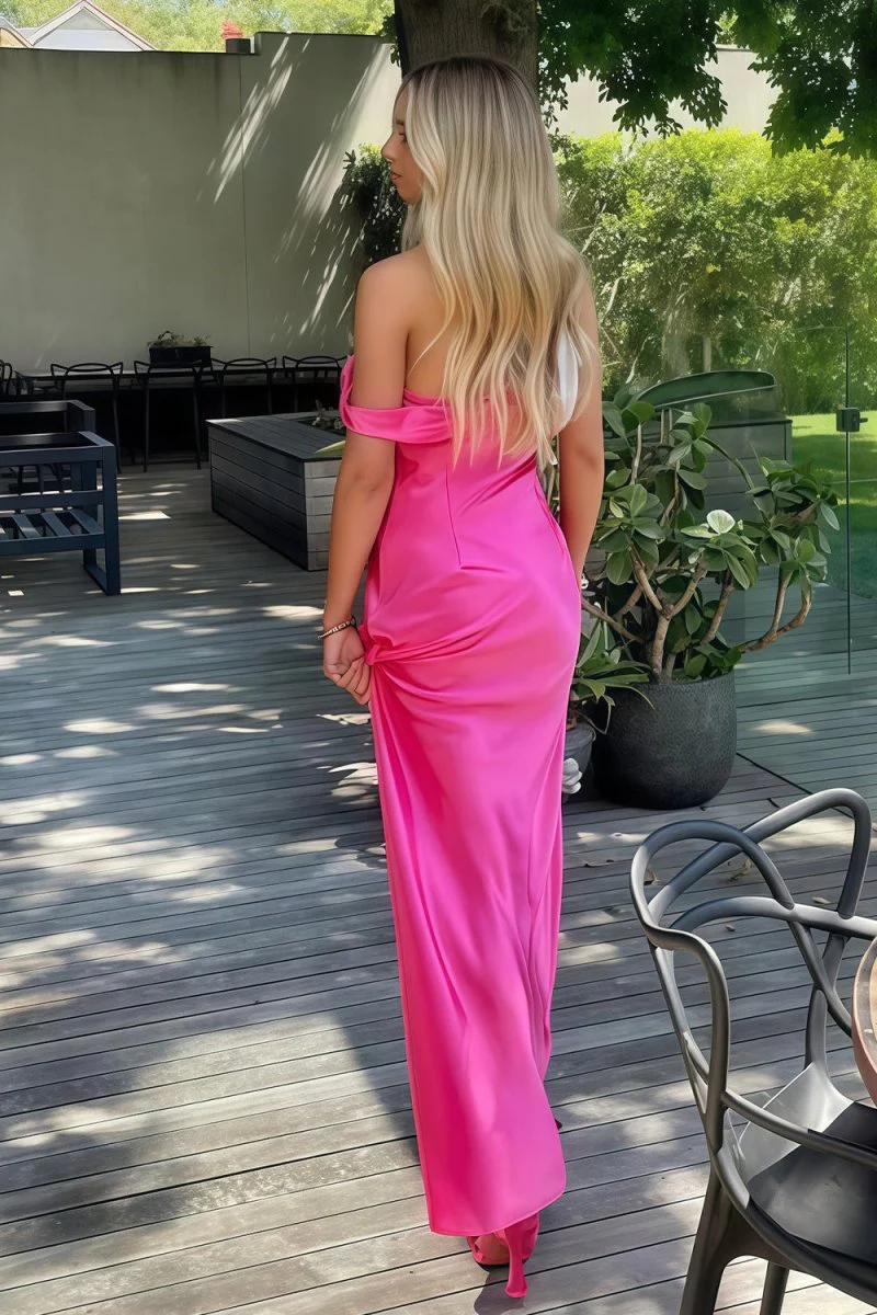 Fuchsia - One Shoulder Sheath Satin Long Prom Dresses