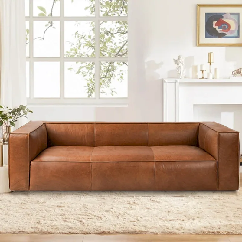 Brown/Light Brown Genuine Aniline Leather Sofa, Square Arms, 100