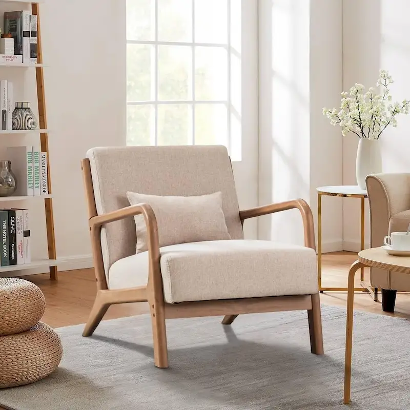 Natural Cotton Linen Accent Chair with Wicker Armrests & Lumbar Pillow, Single