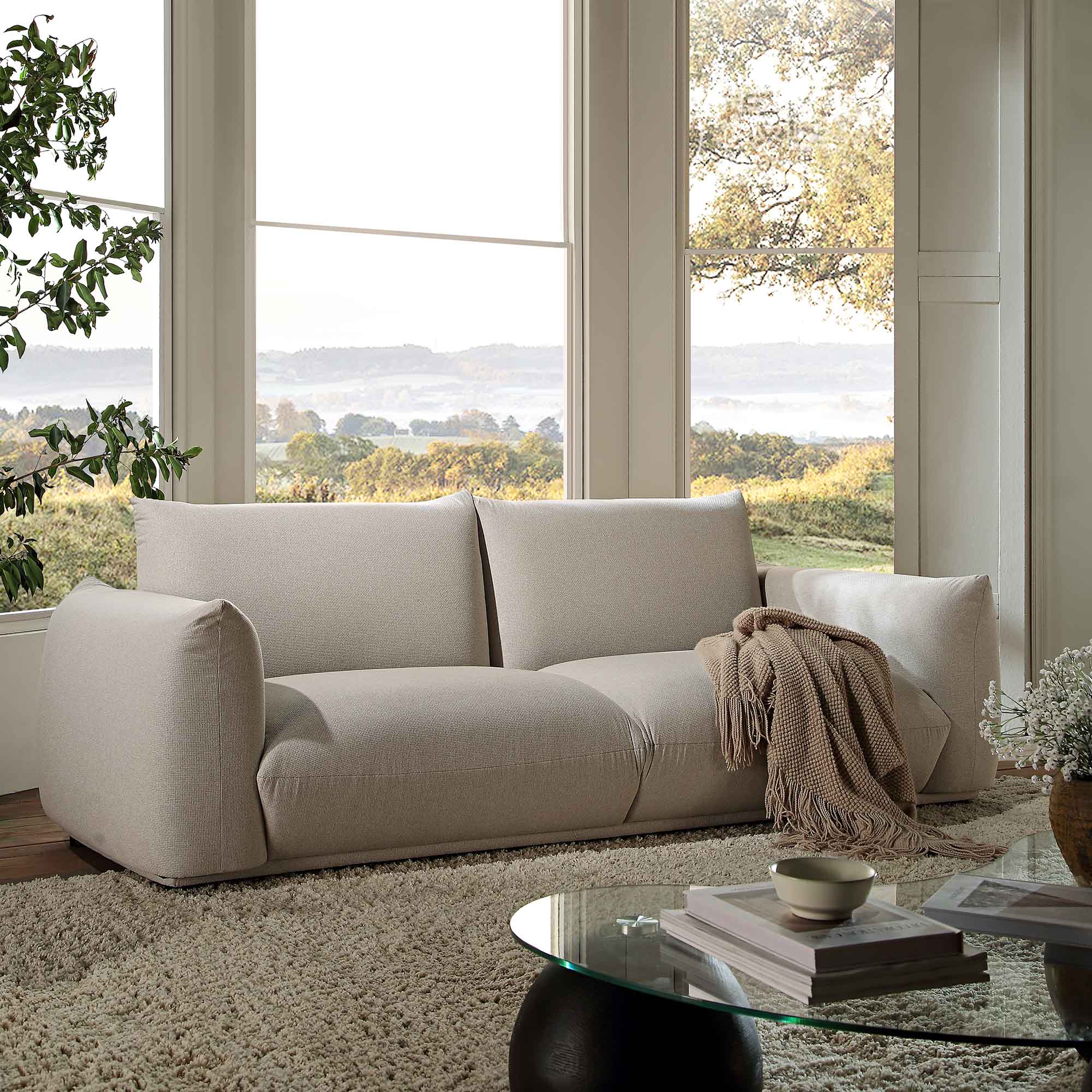 Three Seater Sofa, Beige Woven Fabric