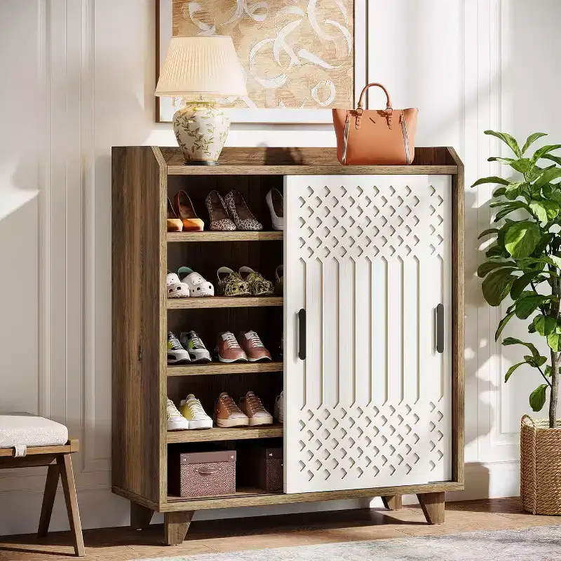 Lantine Wood Shoe Cabinet with Sliding Doors, Modern Shoe Organizer with Adjustable Shelves for Entryway, Living Room, Hallway, Brown & White
