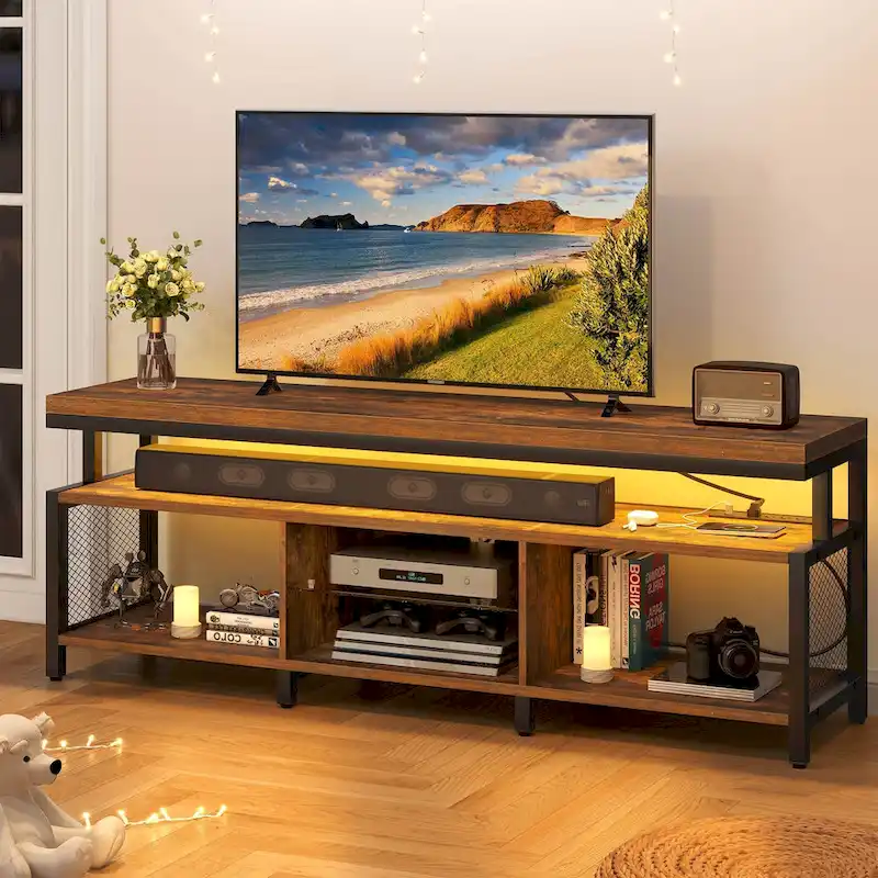 Industrial Wood TV Stand with LED Light with Open Storage Shelves Power Outlets Bluetooth Remote