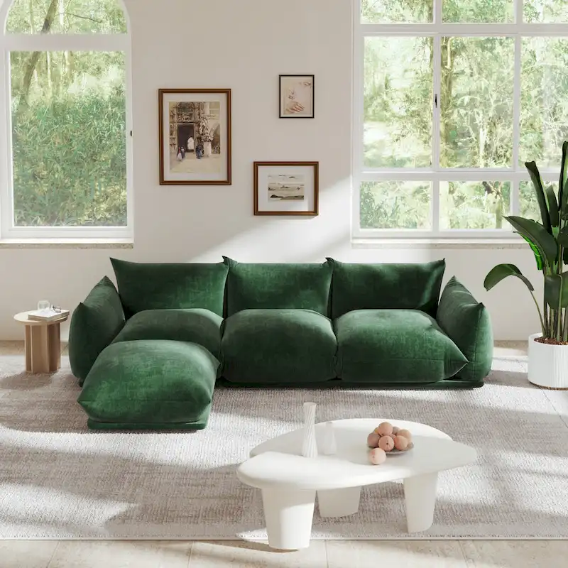 103.9  L-Shaped Sectional Sofa Chenille Fabric 3-Seat Couch with Ottoman