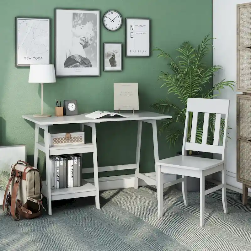 Writing Desk with Chair | 47 W | Grey & White | Transitional Home Office Desk