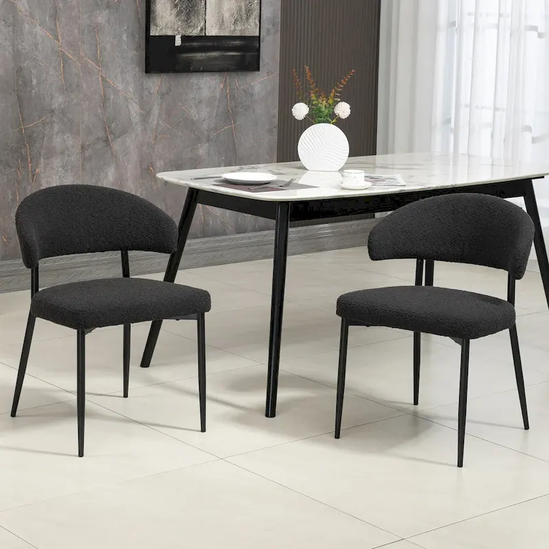 Set of 2 Ayoka Black Boucle Dining Chairs with Black Iron Legs