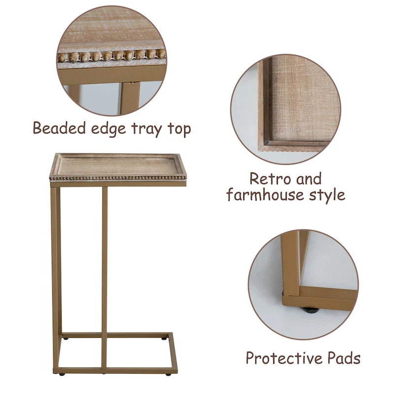 Distressed Wood C-Shaped End Table with Metal Base