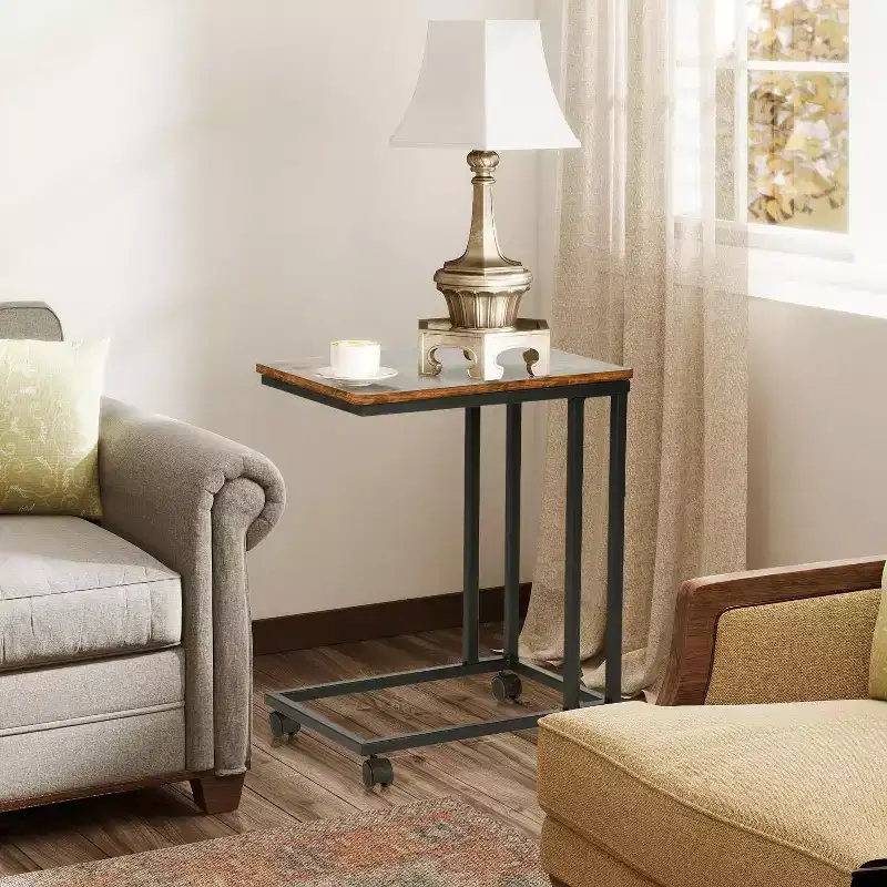 FurnitureR End Table C Shaped, Snack Side Table with Rolling Wheels for Sofa Couch and Bed, Portable, Easy Assembly, Metal Frame, Rustic Brown
