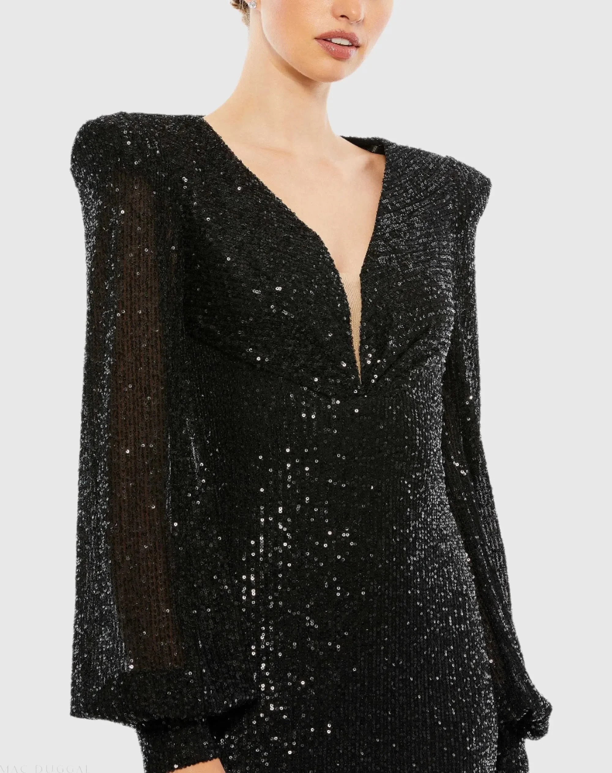 Black Sequined Plunge Neck Structured Bishop Sleeve Gown