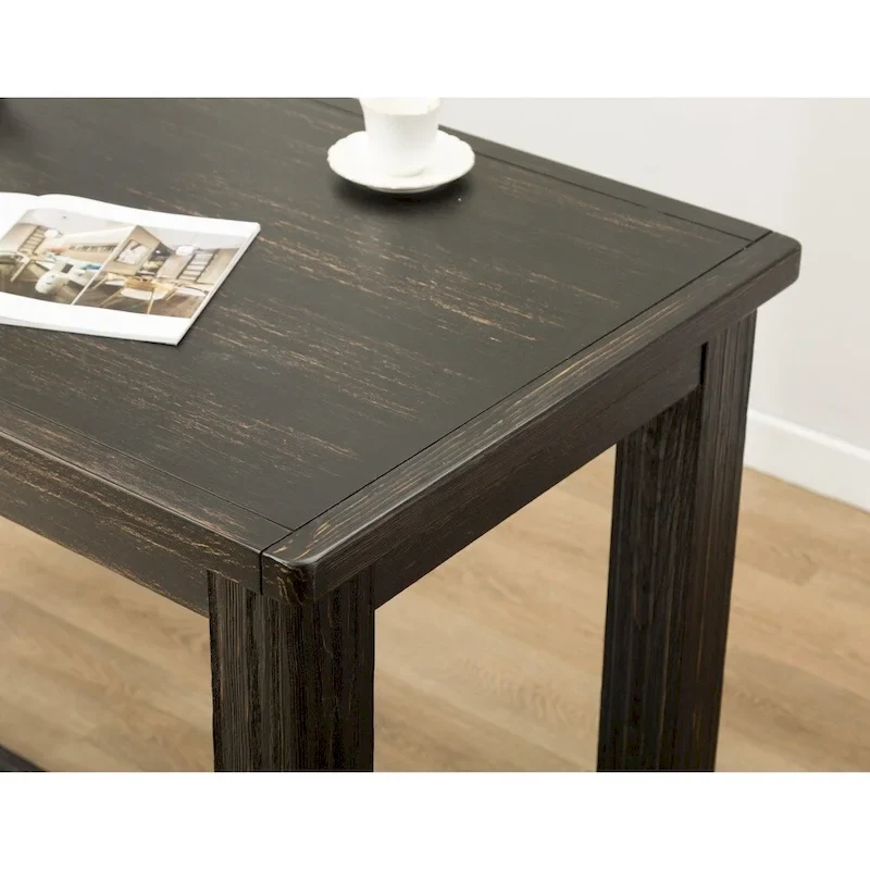 Roundhill Furniture Lotusville 7-PC Antique Black Wood Table with Faux Leather Barstools