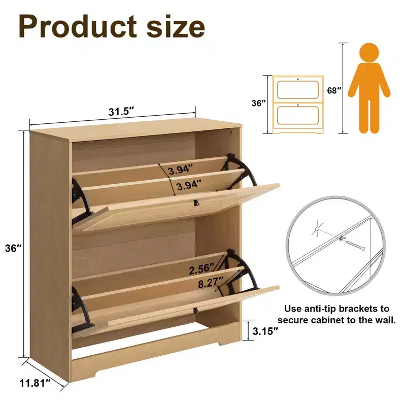 GARPROVM Natural Rattan Shoe Cabinet with 2 Flip Doors & Removable Shelves Entryway Shoe Storage