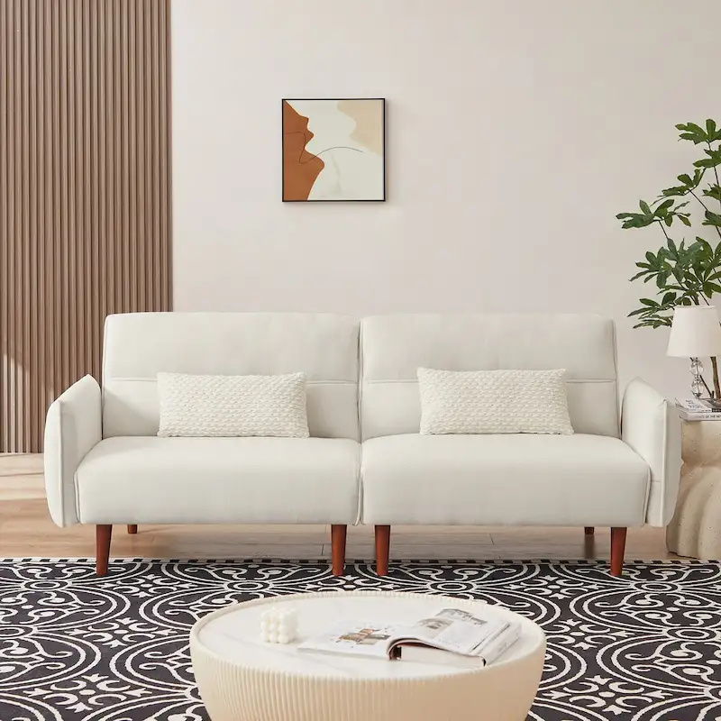 Convertible Futon Sofa Bed with Wooden Legs and 2 Pillows