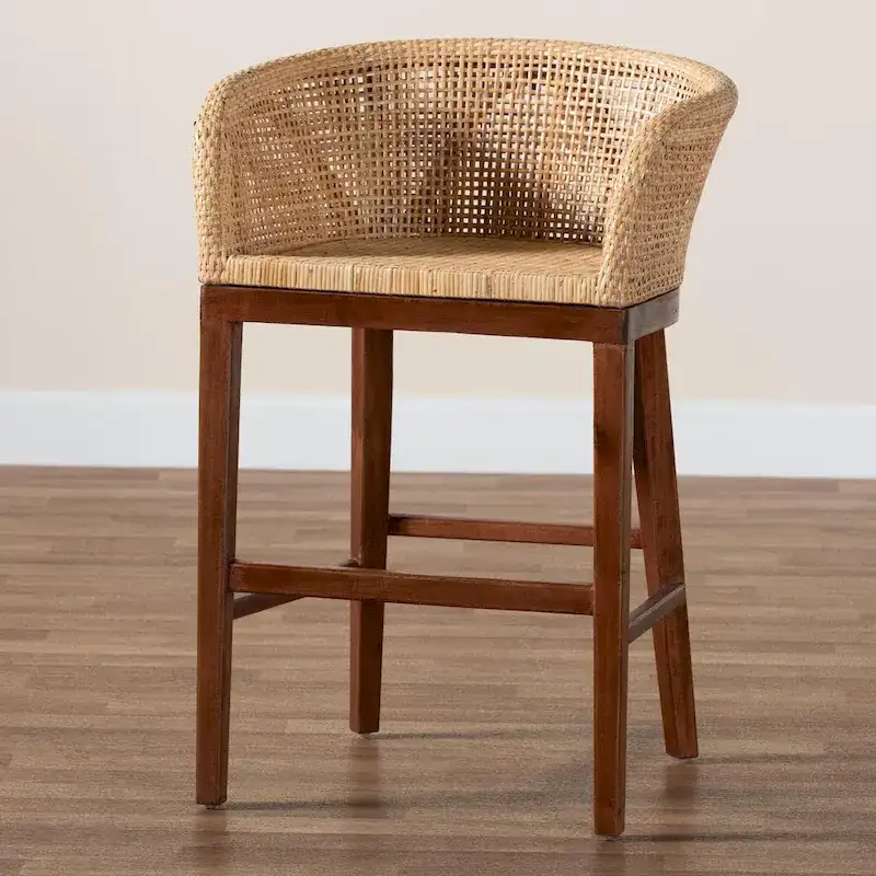 Papua Modern Bohemian Natural Rattan and Acacia Wood Counter Stool