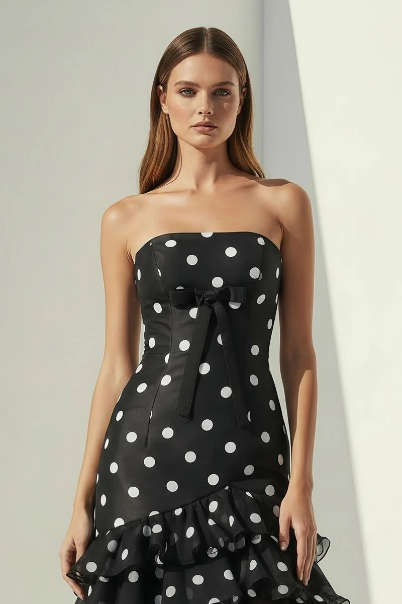 Black Strapless Sheath Polka Dots Chiffon Ruffled Prom Dresses With Bow