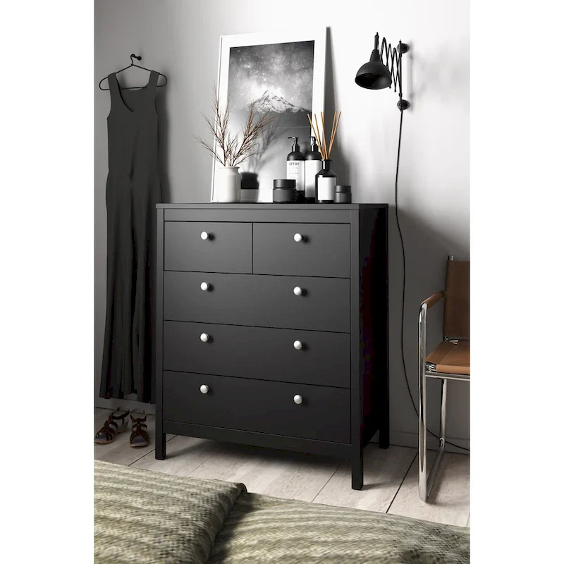Grey 5-Drawer Chest with Leather Handles