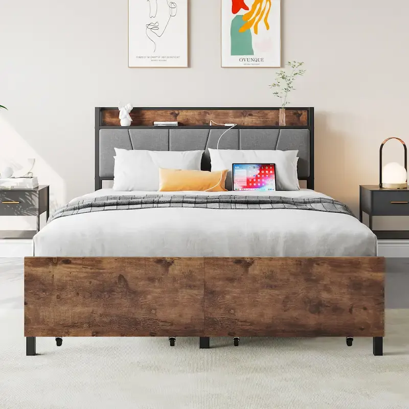 Black Full Size Platform Bed with 2 Drawers & Charging Headboard, 1-2 Person
