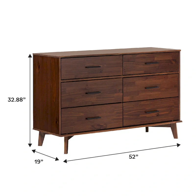 Caramel / Walnut 6-Drawer Solid Wood Dresser with Metal Handles, 1-Person
