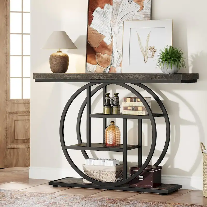 Industrial 4-Tier Sofa Table Entryway Table with Circle Base