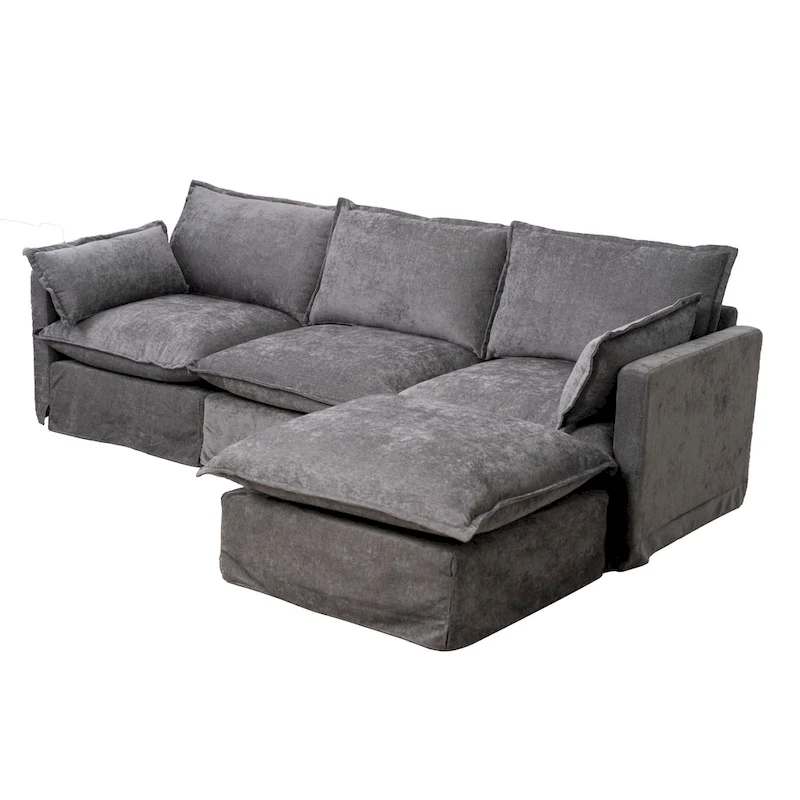 93.31 Faux Linen Modular Sectional Sofa with Ottoman, Wood Frame