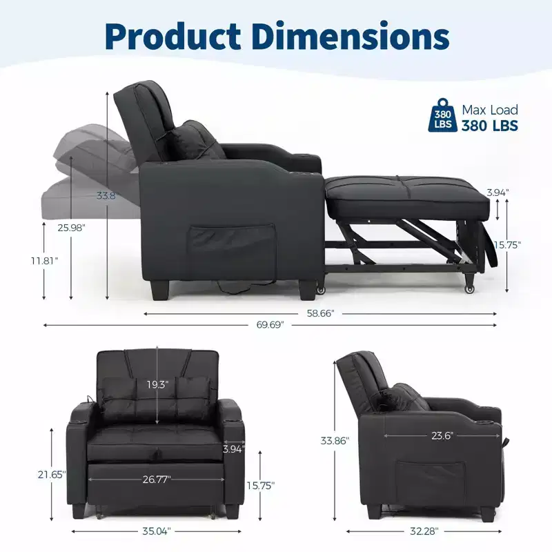 3-in-1 USB-Massage Convertible Sofa Bed, 110-180 Recliner, Cup Holders, Side Pockets, 380 lbs, 4-Step FlipDorm & Guest Ready