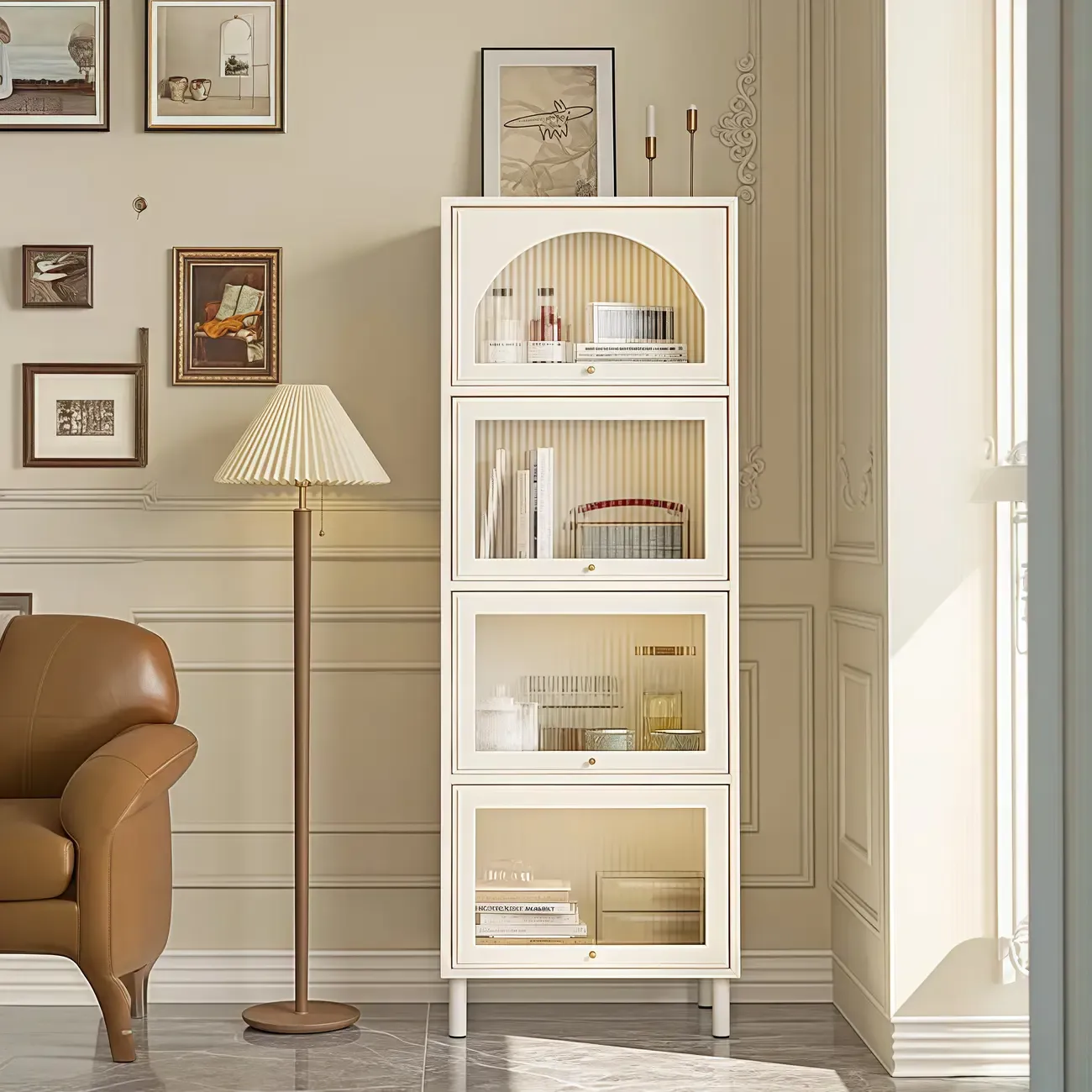 3-5 Shelves White Glass Display Cabinet with Flip Cover