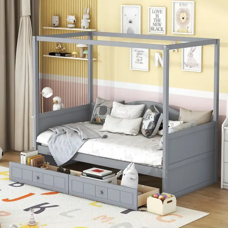 Simple Twin Size Pine Wood Canopy Daybed Frame with 2 Storage Drawers